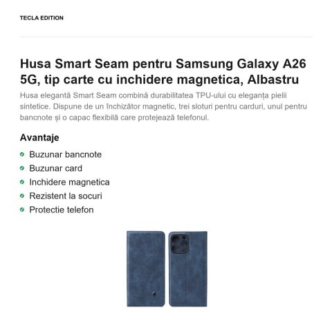 Husa Smart Seam pentru Samsung Galaxy A26 5G, tip carte cu inchidere magnetica, Albastru [1]