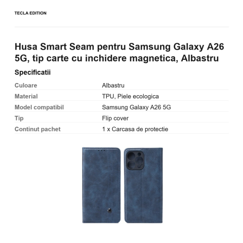 Husa Smart Seam pentru Samsung Galaxy A26 5G, tip carte cu inchidere magnetica, Albastru [2]