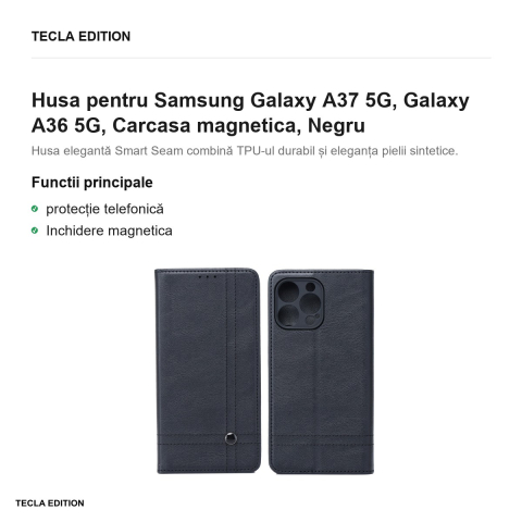 Husa Smart Seam pentru Samsung Galaxy A37 5G, Galaxy A36 5G, tip carte cu inchidere magnetica, Negru [1]