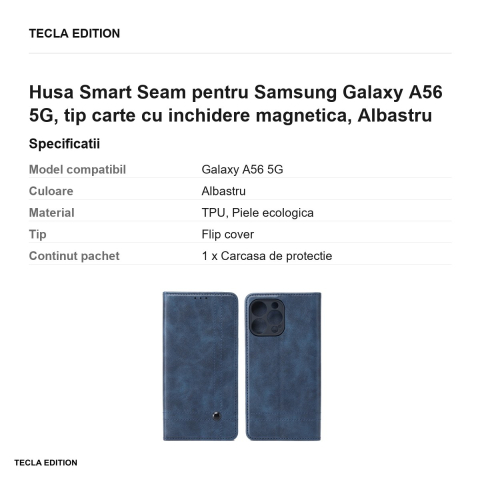 Husa Smart Seam pentru Samsung Galaxy A56 5G, tip carte cu inchidere magnetica, Albastru [2]