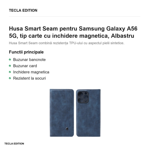 Husa Smart Seam pentru Samsung Galaxy A56 5G, tip carte cu inchidere magnetica, Albastru [1]