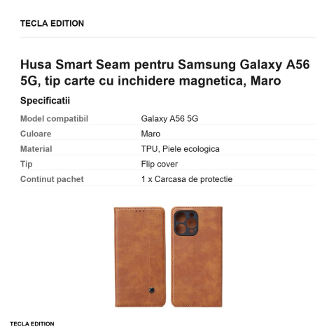 Husa Smart Seam pentru Samsung Galaxy A56 5G, tip carte cu inchidere magnetica, Maro [2]