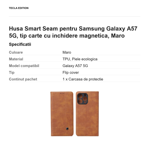 Husa Smart Seam pentru Samsung Galaxy A57 5G, tip carte cu inchidere magnetica, Maro [2]