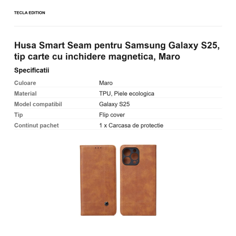 Husa Smart Seam pentru Samsung Galaxy S25, tip carte cu inchidere magnetica, Maro [2]