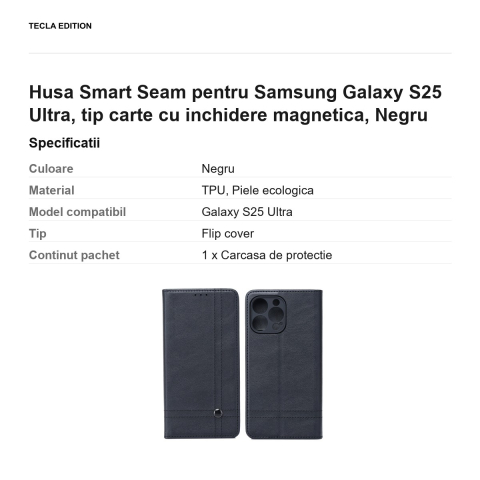Husa Smart Seam pentru Samsung Galaxy S25 Ultra, tip carte cu inchidere magnetica, Negru [2]