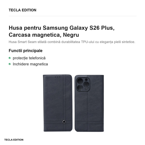 Husa Smart Seam pentru Samsung Galaxy S26 Plus, tip carte cu inchidere magnetica, Negru [1]