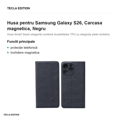 Husa Smart Seam pentru Samsung Galaxy S26, tip carte cu inchidere magnetica, Negru [1]