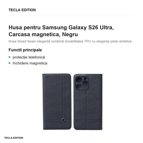 Husa Smart Seam pentru Samsung Galaxy S26 Ultra, tip carte cu inchidere magnetica, Negru [1]