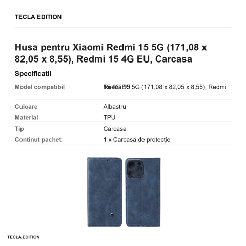 Husa Smart Seam pentru Xiaomi Redmi 15 5G, Redmi 15 4G EU, tip carte cu inchidere magnetica, Albastru [2]