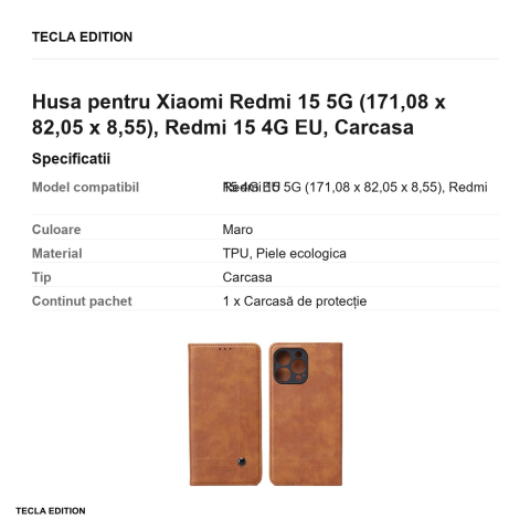 Husa Smart Seam pentru Xiaomi Redmi 15 5G, Redmi 15 4G EU, tip carte cu inchidere magnetica, Maro [2]