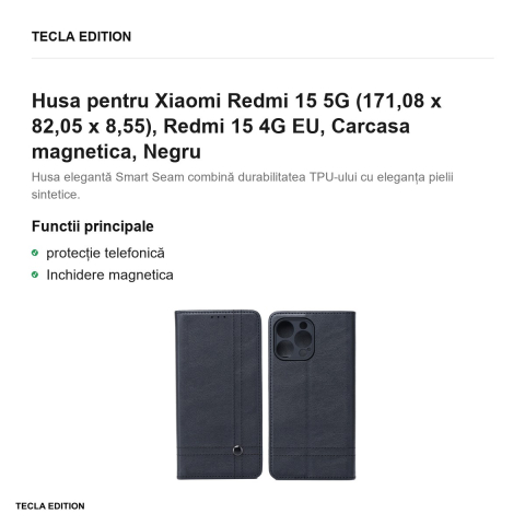 Husa Smart Seam pentru Xiaomi Redmi 15 5G, Redmi 15 4G EU, tip carte cu inchidere magnetica, Negru [1]