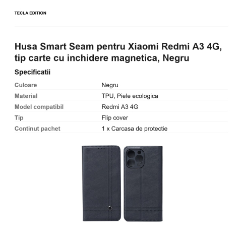 Husa Smart Seam pentru Xiaomi Redmi A3 4G, tip carte cu inchidere magnetica, Negru [2]