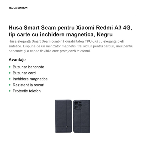 Husa Smart Seam pentru Xiaomi Redmi A3 4G, tip carte cu inchidere magnetica, Negru [1]