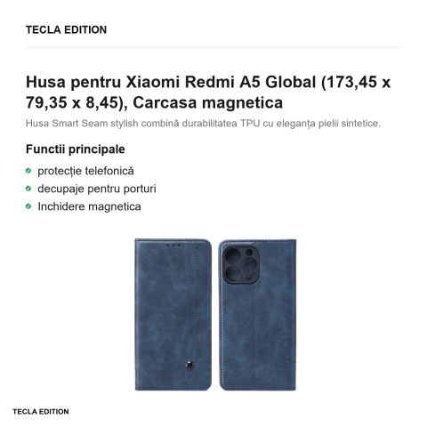 Husa Smart Seam pentru Xiaomi Redmi A5 Global, tip carte cu inchidere magnetica, Albastru [1]