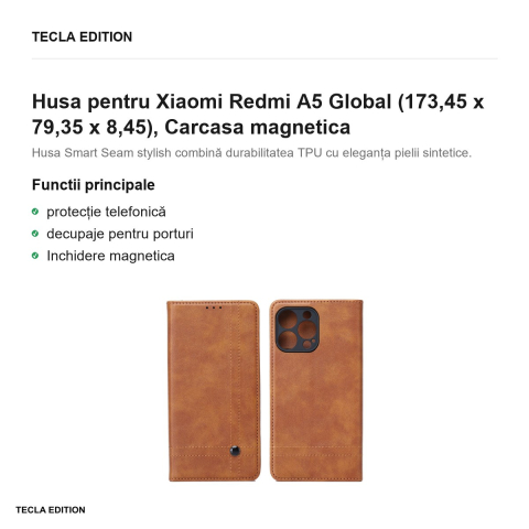 Husa Smart Seam pentru Xiaomi Redmi A5 Global, tip carte cu inchidere magnetica, Maro [1]