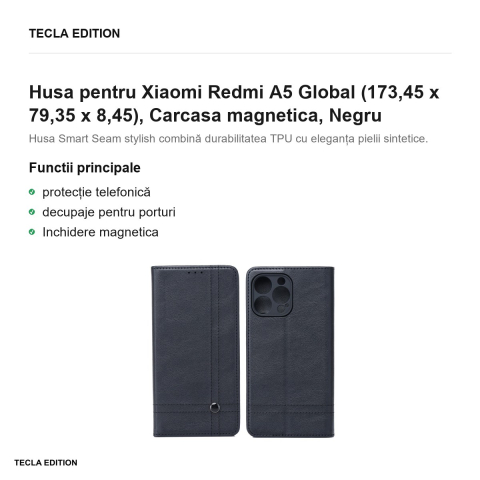 Husa Smart Seam pentru Xiaomi Redmi A5 Global, tip carte cu inchidere magnetica, Negru [1]