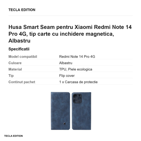 Husa Smart Seam pentru Xiaomi Redmi Note 14 Pro 4G, tip carte cu inchidere magnetica, Albastru [2]
