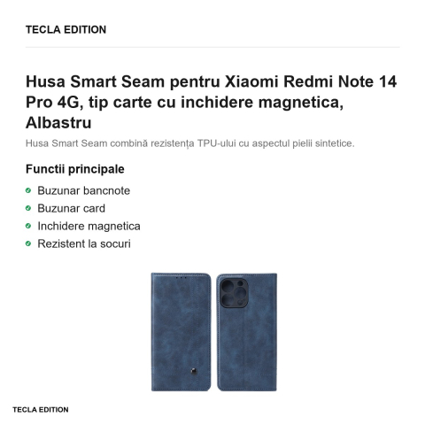 Husa Smart Seam pentru Xiaomi Redmi Note 14 Pro 4G, tip carte cu inchidere magnetica, Albastru [1]
