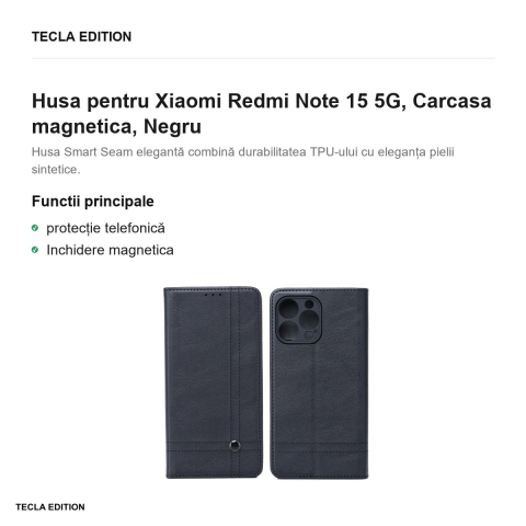 Husa Smart Seam pentru Xiaomi Redmi Note 15 5G, tip carte cu inchidere magnetica, Negru [1]