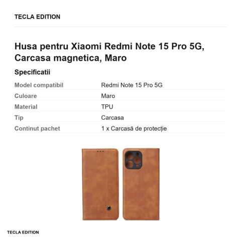 Husa Smart Seam pentru Xiaomi Redmi Note 15 Pro 5G, tip carte cu inchidere magnetica, Maro [2]