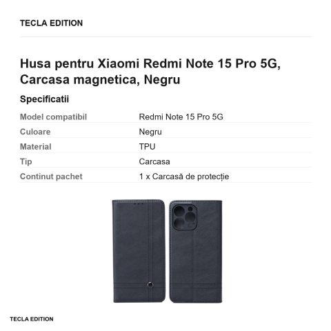 Husa Smart Seam pentru Xiaomi Redmi Note 15 Pro 5G, tip carte cu inchidere magnetica, Negru [2]