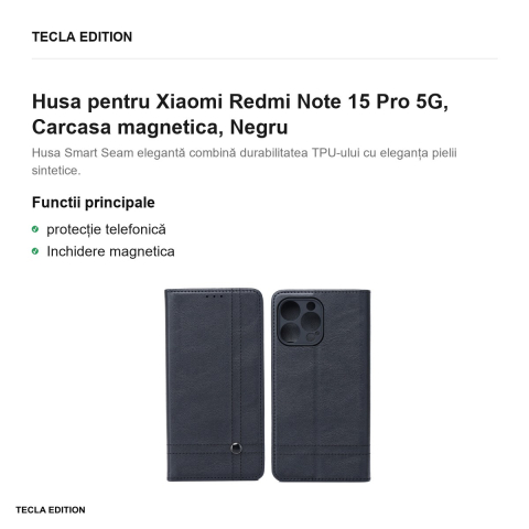 Husa Smart Seam pentru Xiaomi Redmi Note 15 Pro 5G, tip carte cu inchidere magnetica, Negru [1]