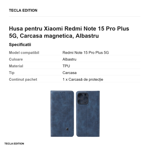 Husa Smart Seam pentru Xiaomi Redmi Note 15 Pro Plus 5G, tip carte cu inchidere magnetica, Albastru [2]