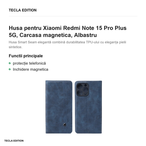 Husa Smart Seam pentru Xiaomi Redmi Note 15 Pro Plus 5G, tip carte cu inchidere magnetica, Albastru [1]