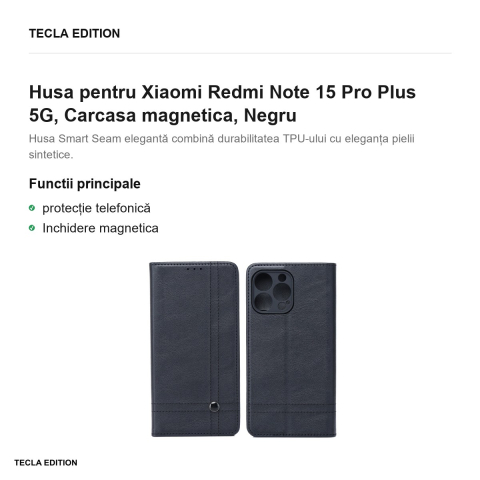 Husa Smart Seam pentru Xiaomi Redmi Note 15 Pro Plus 5G, tip carte cu inchidere magnetica, Negru [1]