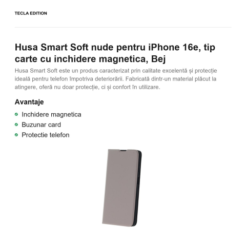 Husa Smart Soft nude pentru iPhone 16e, tip carte cu inchidere magnetica, Bej [1]