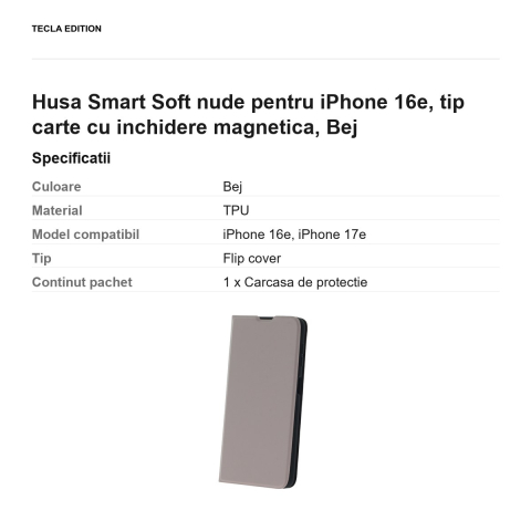 Husa Smart Soft nude pentru iPhone 16e, tip carte cu inchidere magnetica, Bej [2]