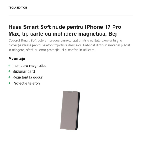 Husa Smart Soft nude pentru iPhone 17 Pro Max, tip carte cu inchidere magnetica, Bej [1]