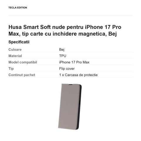 Husa Smart Soft nude pentru iPhone 17 Pro Max, tip carte cu inchidere magnetica, Bej [2]
