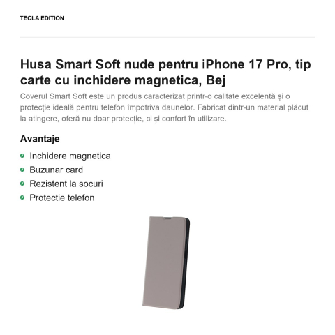 Husa Smart Soft nude pentru iPhone 17 Pro, tip carte cu inchidere magnetica, Bej [1]