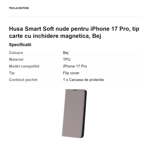 Husa Smart Soft nude pentru iPhone 17 Pro, tip carte cu inchidere magnetica, Bej [2]