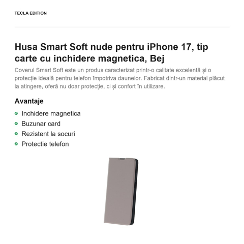 Husa Smart Soft nude pentru iPhone 17, tip carte cu inchidere magnetica, Bej [1]