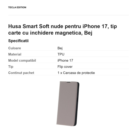 Husa Smart Soft nude pentru iPhone 17, tip carte cu inchidere magnetica, Bej [2]