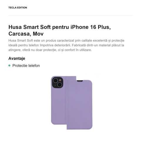 Husa Smart Soft pentru iPhone 16 Plus, Carcasa, Mov [1]