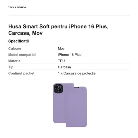 Husa Smart Soft pentru iPhone 16 Plus, Carcasa, Mov [2]