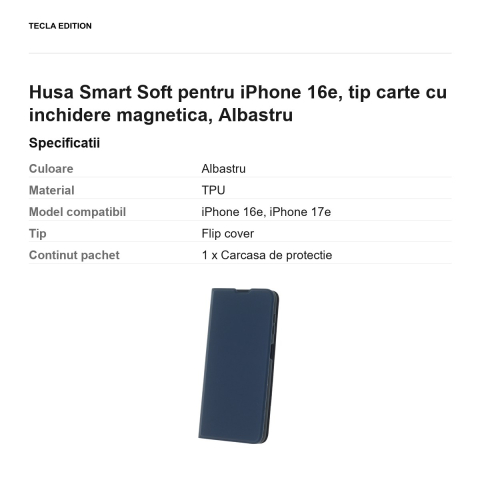 Husa Smart Soft pentru iPhone 16e, tip carte cu inchidere magnetica, Albastru [2]