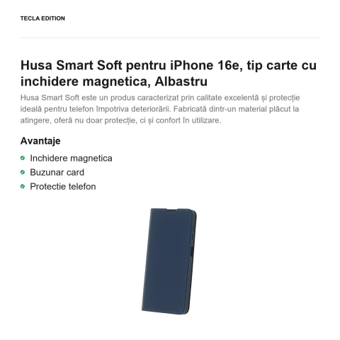 Husa Smart Soft pentru iPhone 16e, tip carte cu inchidere magnetica, Albastru [1]