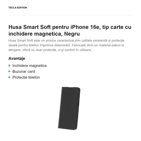 Husa Smart Soft pentru iPhone 16e, tip carte cu inchidere magnetica, Negru [1]