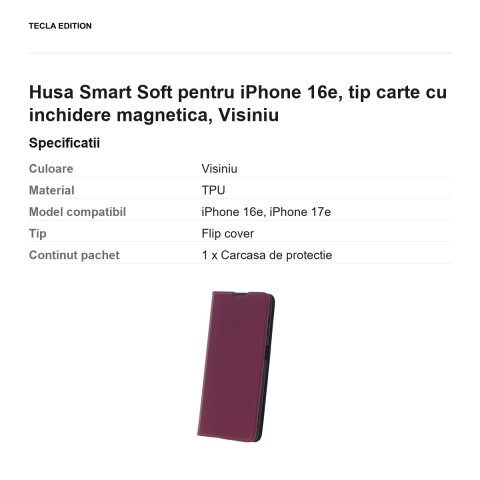 Husa Smart Soft pentru iPhone 16e, tip carte cu inchidere magnetica, Visiniu [2]