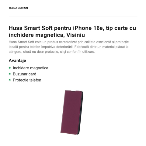 Husa Smart Soft pentru iPhone 16e, tip carte cu inchidere magnetica, Visiniu [1]