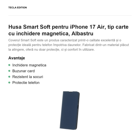 Husa Smart Soft pentru iPhone 17 Air, tip carte cu inchidere magnetica, Albastru [1]