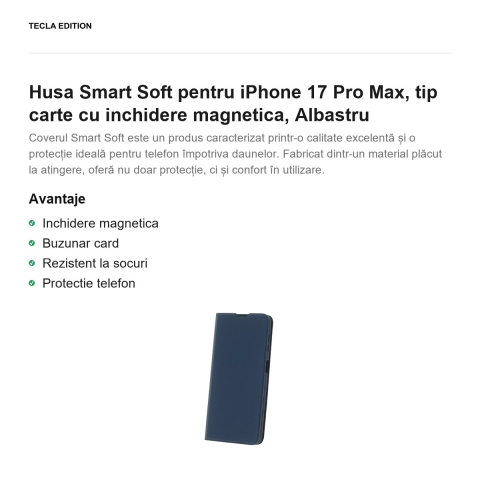 Husa Smart Soft pentru iPhone 17 Pro Max, tip carte cu inchidere magnetica, Albastru [1]