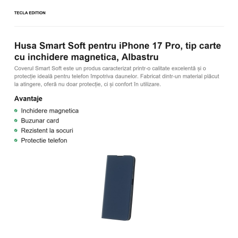 Husa Smart Soft pentru iPhone 17 Pro, tip carte cu inchidere magnetica, Albastru [1]