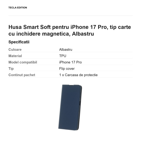 Husa Smart Soft pentru iPhone 17 Pro, tip carte cu inchidere magnetica, Albastru [2]