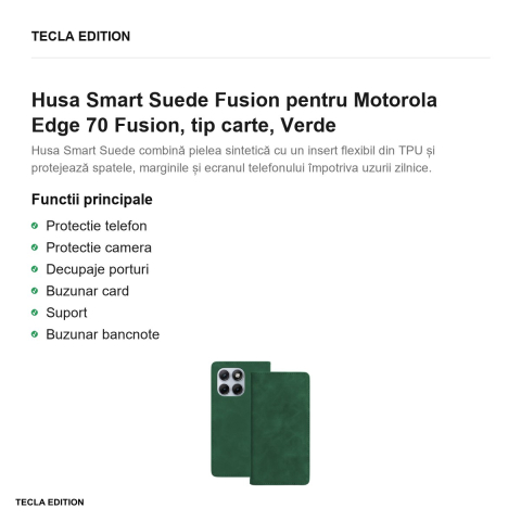 Husa Smart Suede Fusion pentru Motorola Edge 70 Fusion, tip carte, Verde [1]