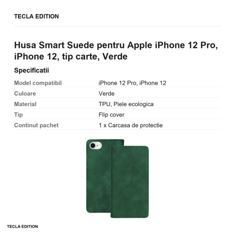 Husa Smart Suede pentru Apple iPhone 12 Pro, iPhone 12, tip carte, Verde [2]
